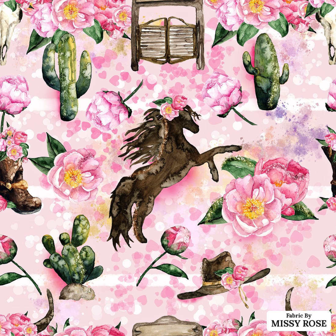 Design 645 Pink Horse Fabric - flat view of the print, zoom in for detail | Fabric by Missy Rose
