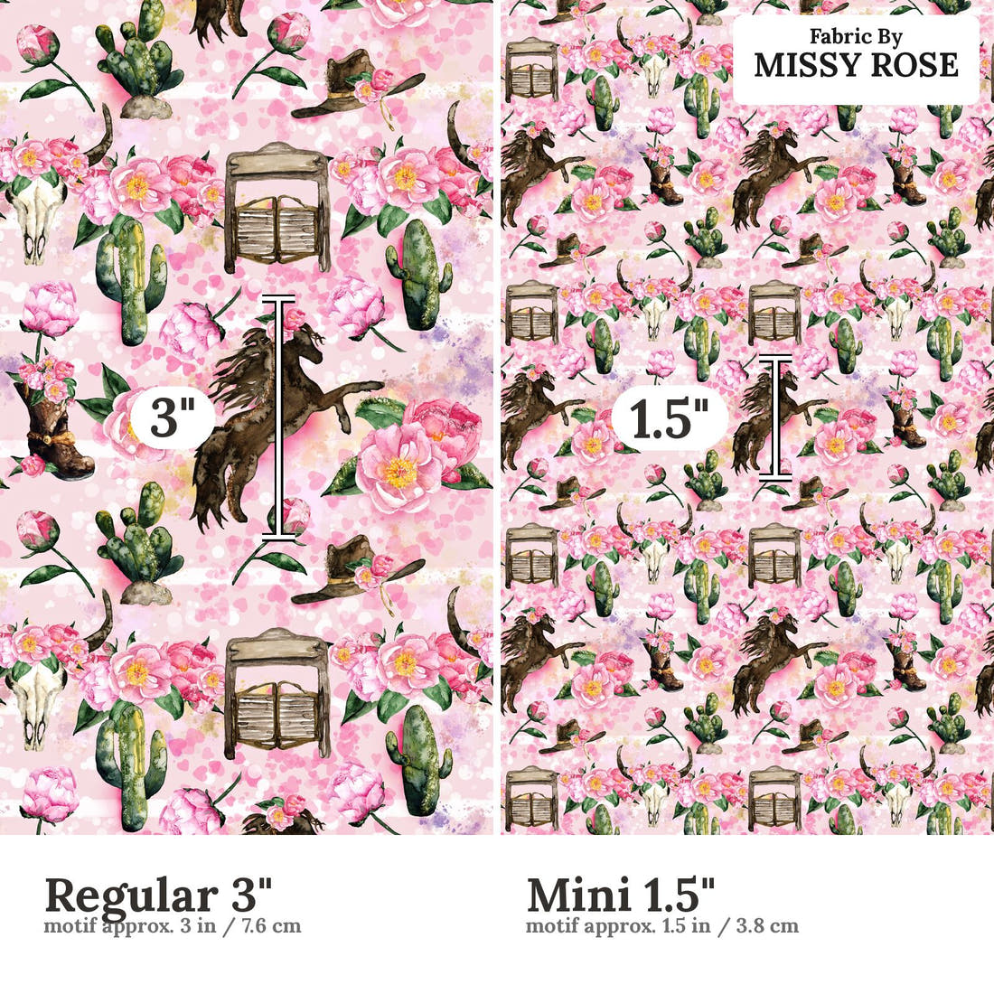 Design 645 Pink Horse Fabric size comparison - print scale | Fabric by Missy Rose