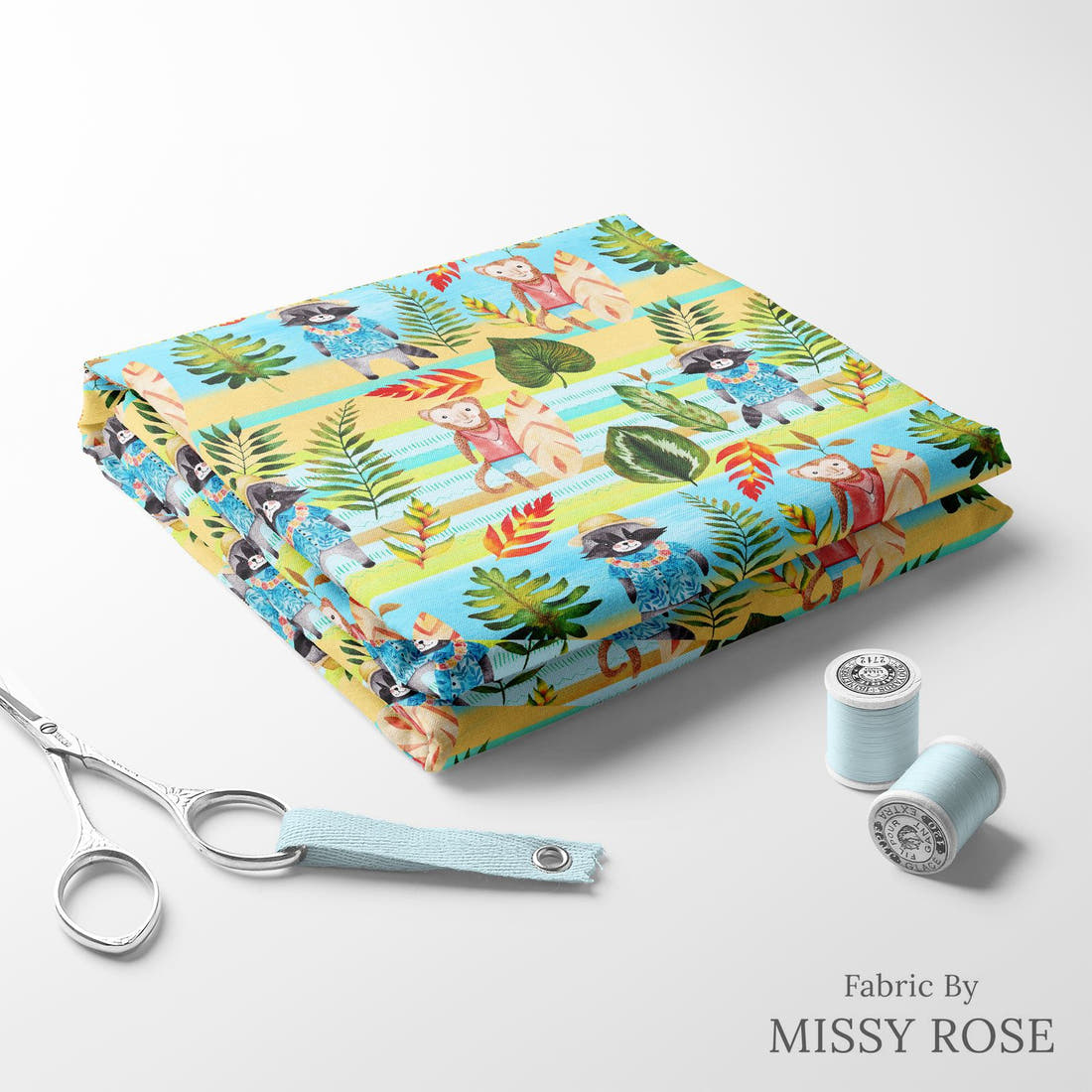 Design 646 Tropical Animals Fabric folded fabric stack with matching thread – pre-order fabric Australia | Fabric by Missy Rose