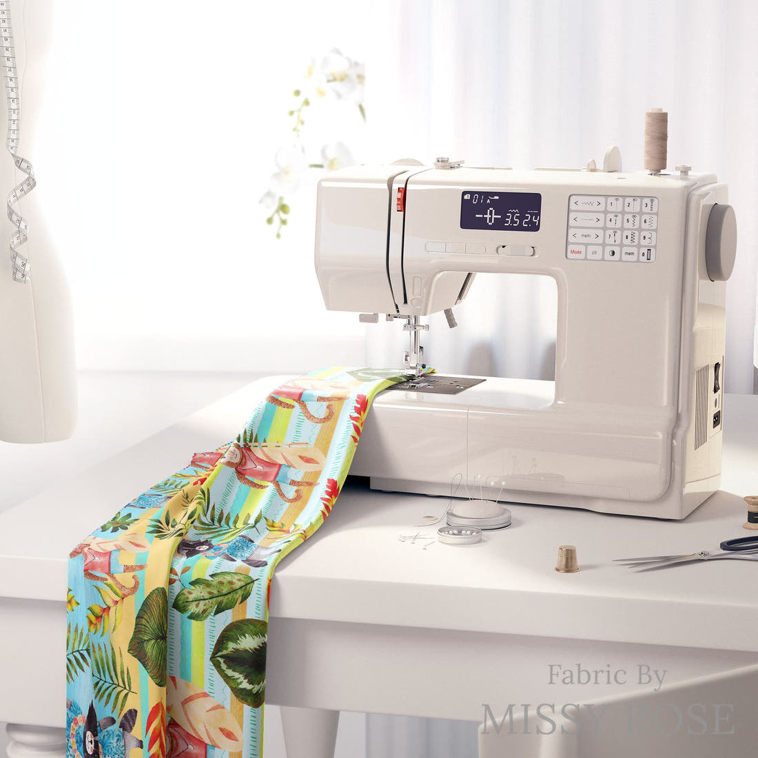 Design 646 Tropical Animals Fabric on a sewing machine – premium fabric for sewing projects | Fabric by Missy Rose