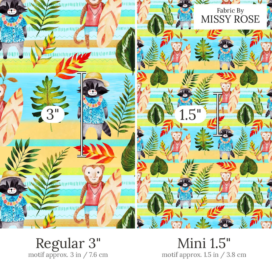 Design 646 Tropical Animals Fabric Regular 3 inch vs Mini 1.5 inch print scale side by side | Fabric by Missy Rose