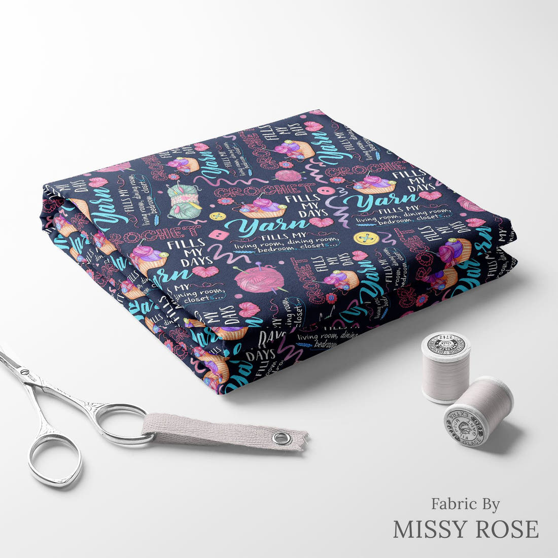 Design 647 Crochet Fabric folded fabric stack with matching thread – pre-order fabric Australia | Fabric by Missy Rose