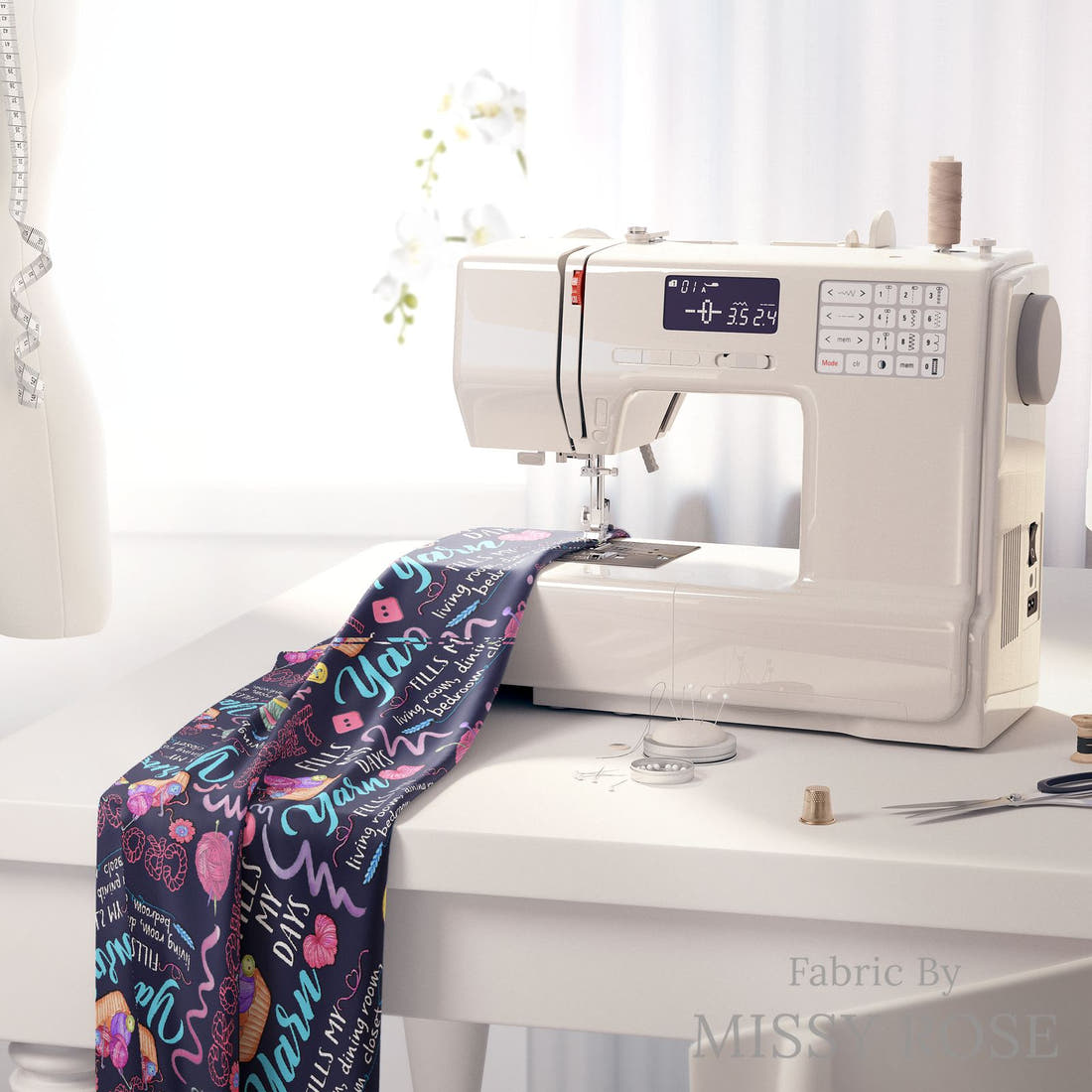 Design 647 Crochet Fabric on a sewing machine – premium fabric for sewing projects | Fabric by Missy Rose