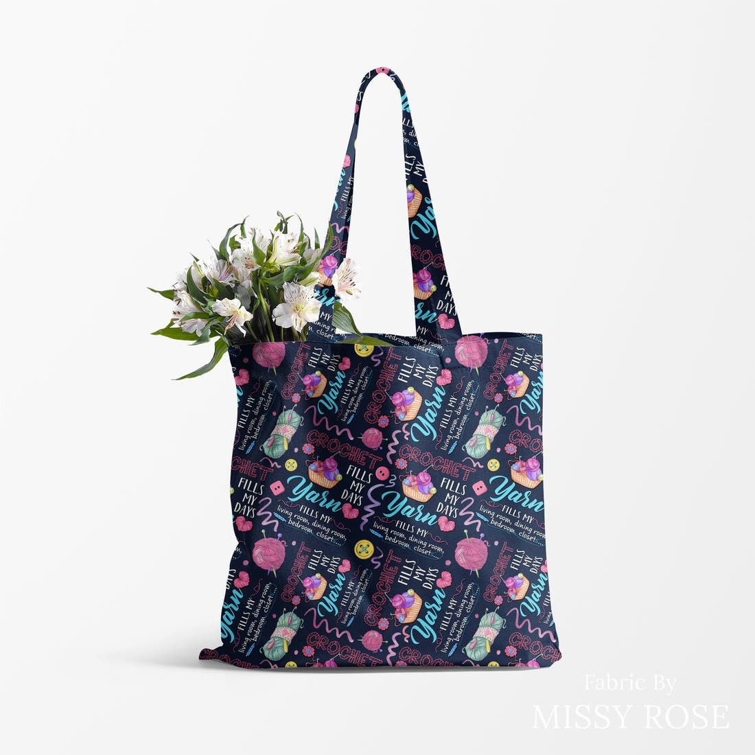 Design 647 Crochet Fabric made up as a tote bag – see how the print looks made up | Fabric by Missy Rose