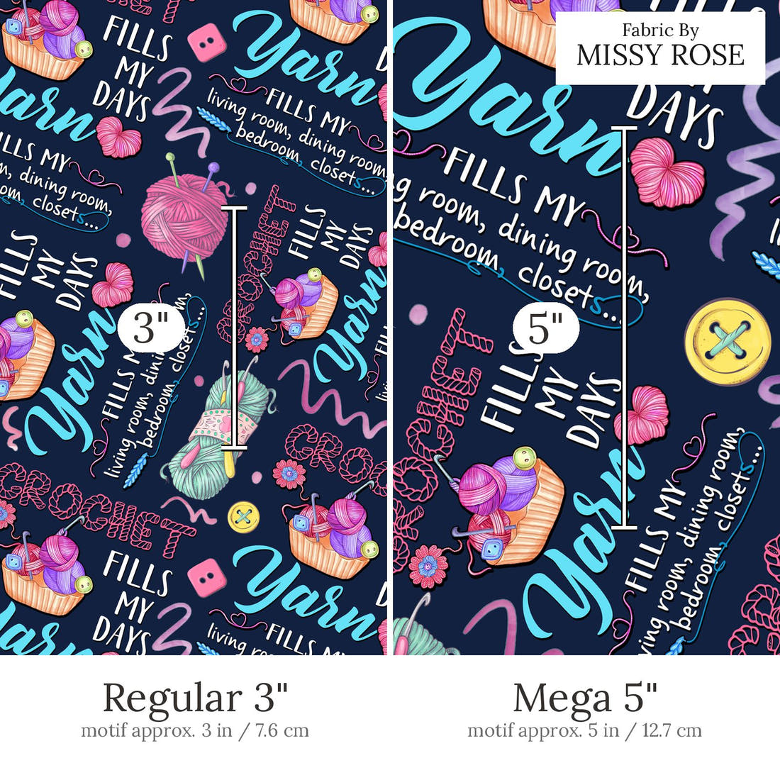 Design 647 Crochet Fabric Regular 3 inch vs Mega 5 inch print scale side by side | Fabric by Missy Rose
