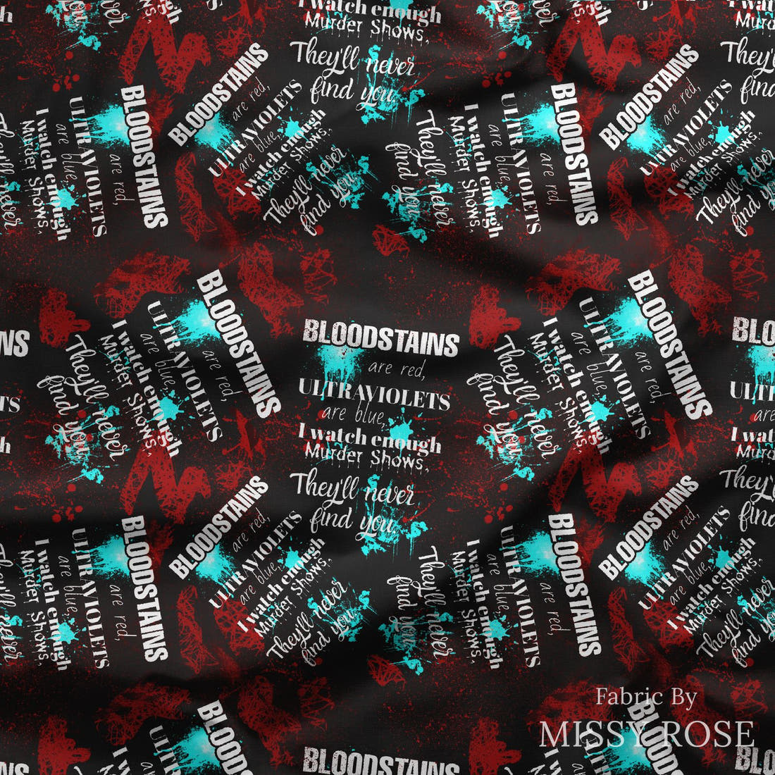 Design 648 Crime Fabric draped fabric mockup – custom printed fabric by the metre | Fabric by Missy Rose