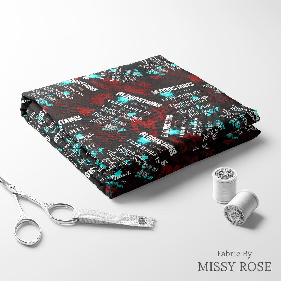 Design 648 Crime Fabric folded fabric stack with matching thread – pre-order fabric Australia | Fabric by Missy Rose