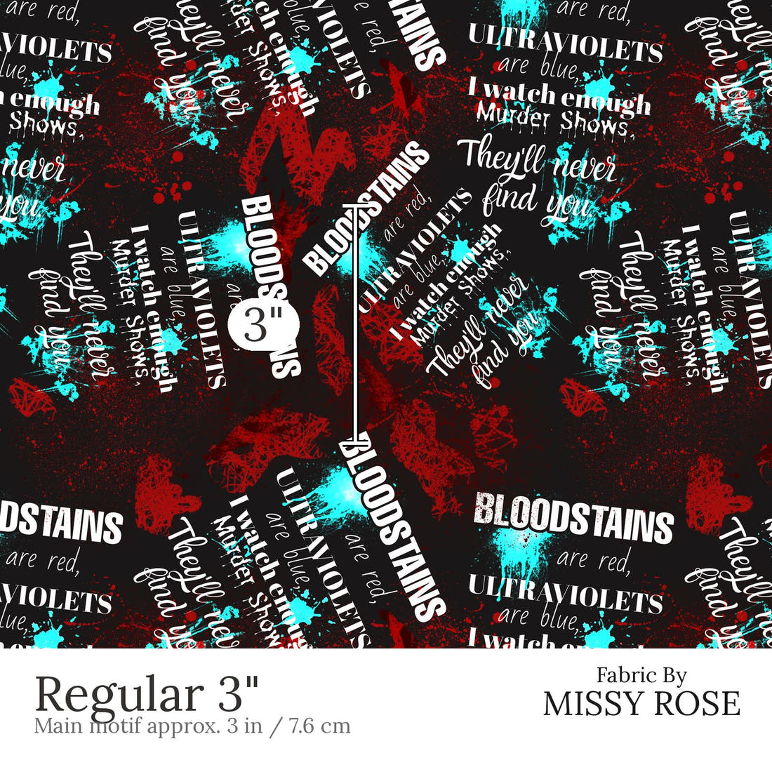 Design 648 Crime Fabric Regular 3 inch print scale guide | Fabric by Missy Rose