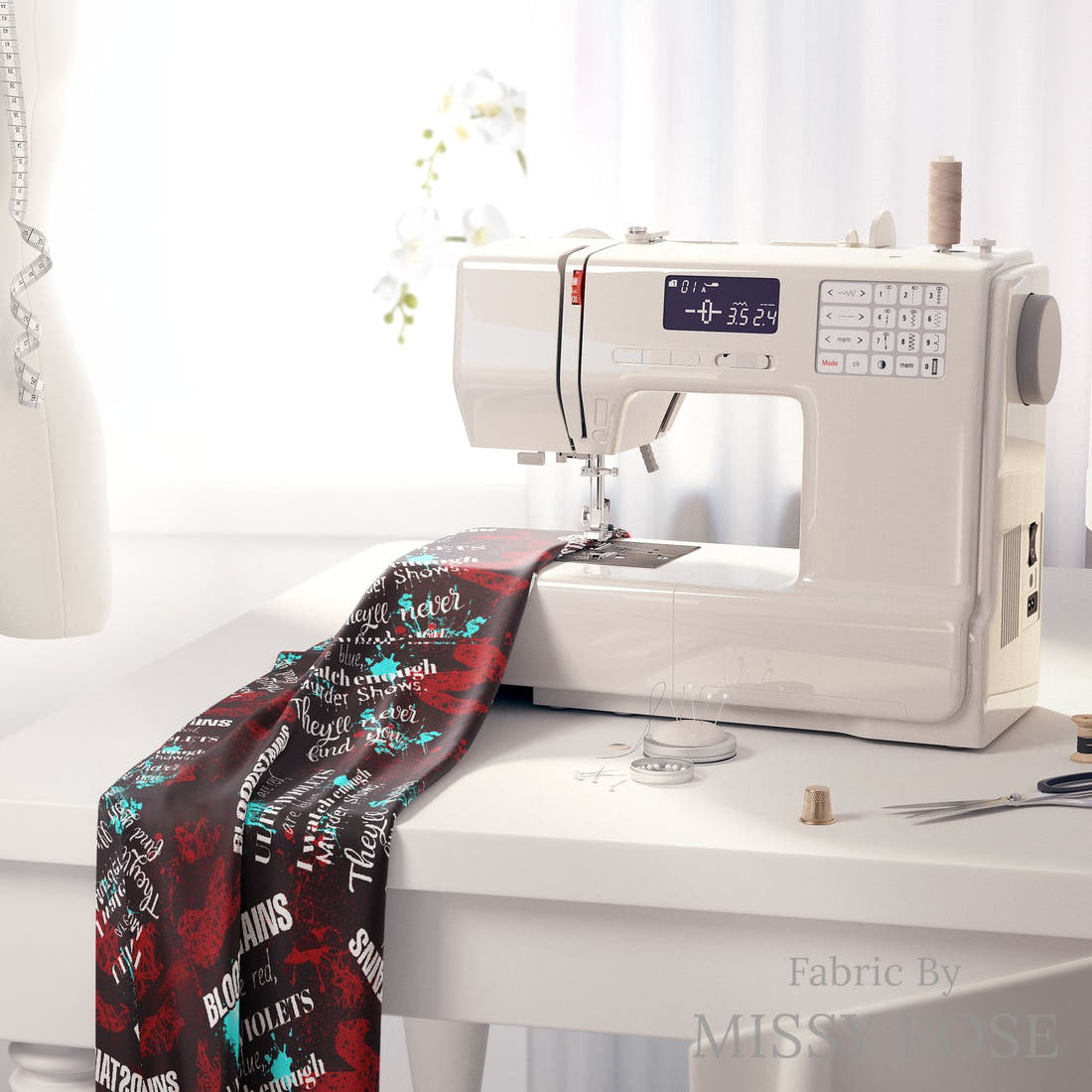 Design 648 Crime Fabric on a sewing machine – premium fabric for sewing projects | Fabric by Missy Rose