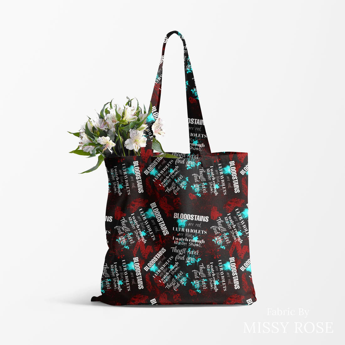 Design 648 Crime Fabric made up as a tote bag – see how the print looks made up | Fabric by Missy Rose