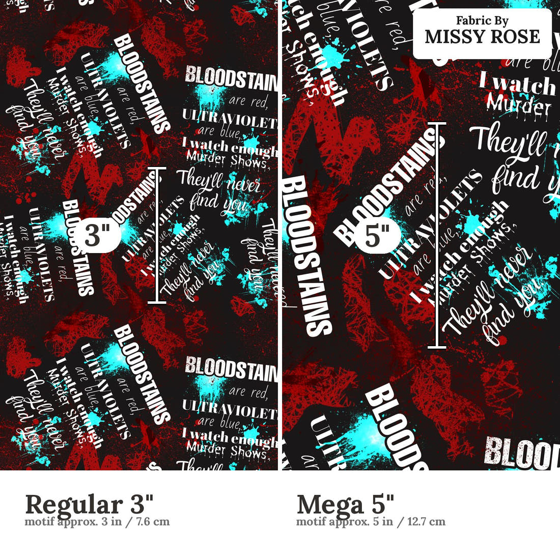 Design 648 Crime Fabric size comparison - print scale | Fabric by Missy Rose