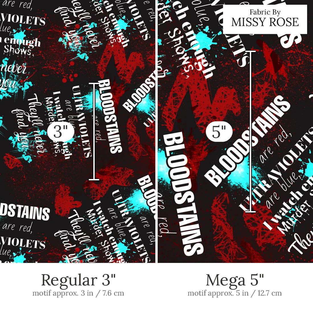 Design 648 Crime Fabric Regular 3 inch vs Mega 5 inch print scale side by side | Fabric by Missy Rose