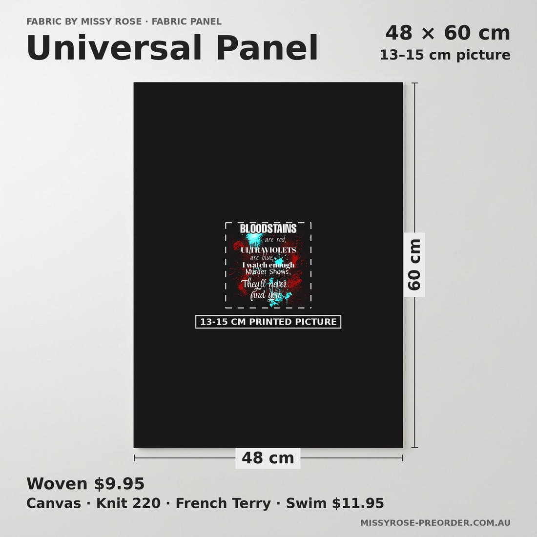 Design 648 Crime Panel universal panel sizing – 13–15 cm printed picture on 48 × 60 cm fabric | Fabric by Missy Rose