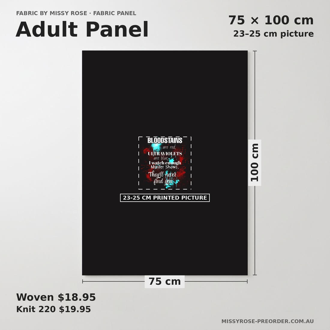 Design 648 Crime Panel adult panel sizing – 23–25 cm printed picture on 75 × 100 cm fabric | Fabric by Missy Rose