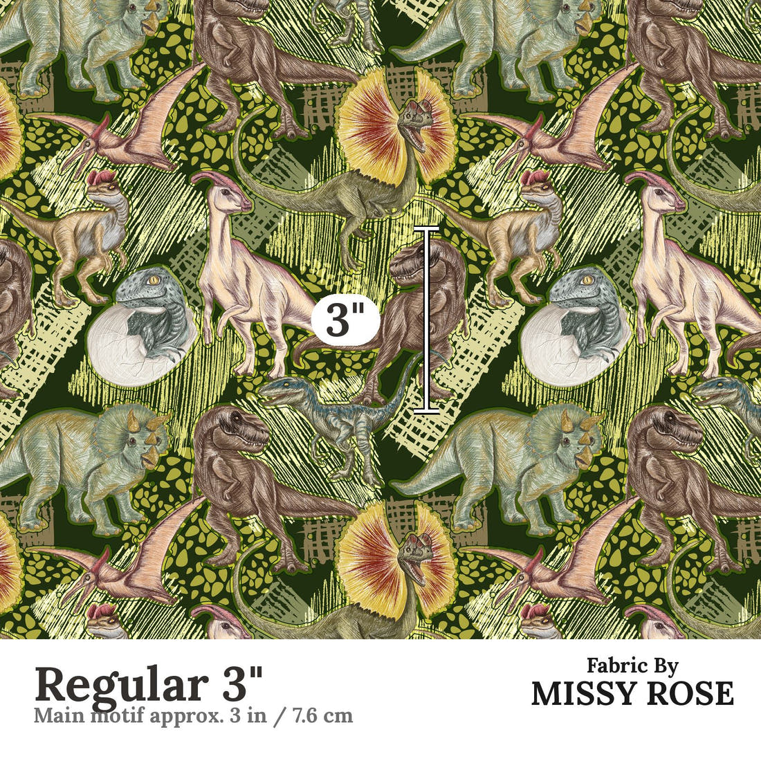Design 649 Green Dino Fabric Regular 3" - print scale | Fabric by Missy Rose