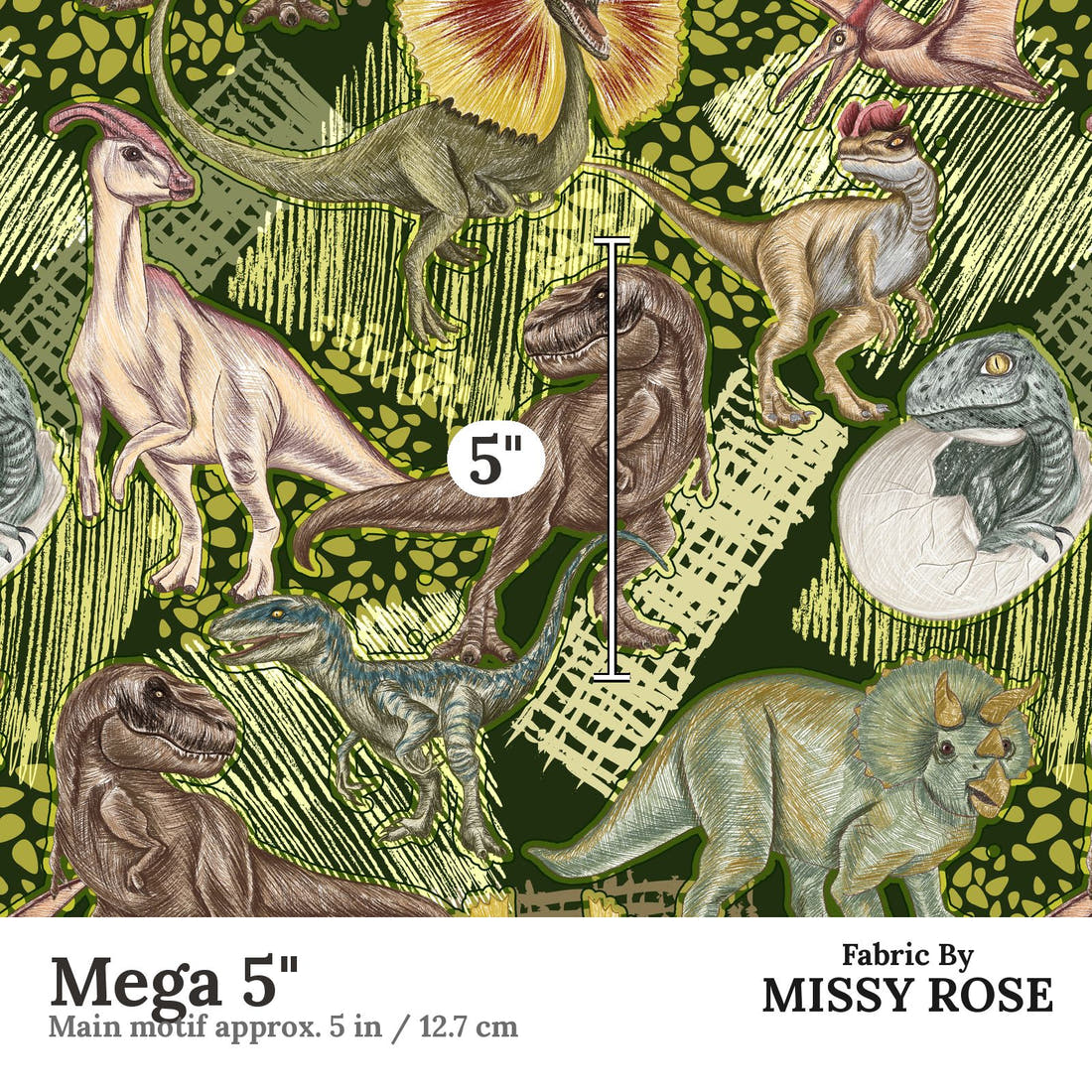 Design 649 Green Dino Fabric Mega 5" - print scale | Fabric by Missy Rose