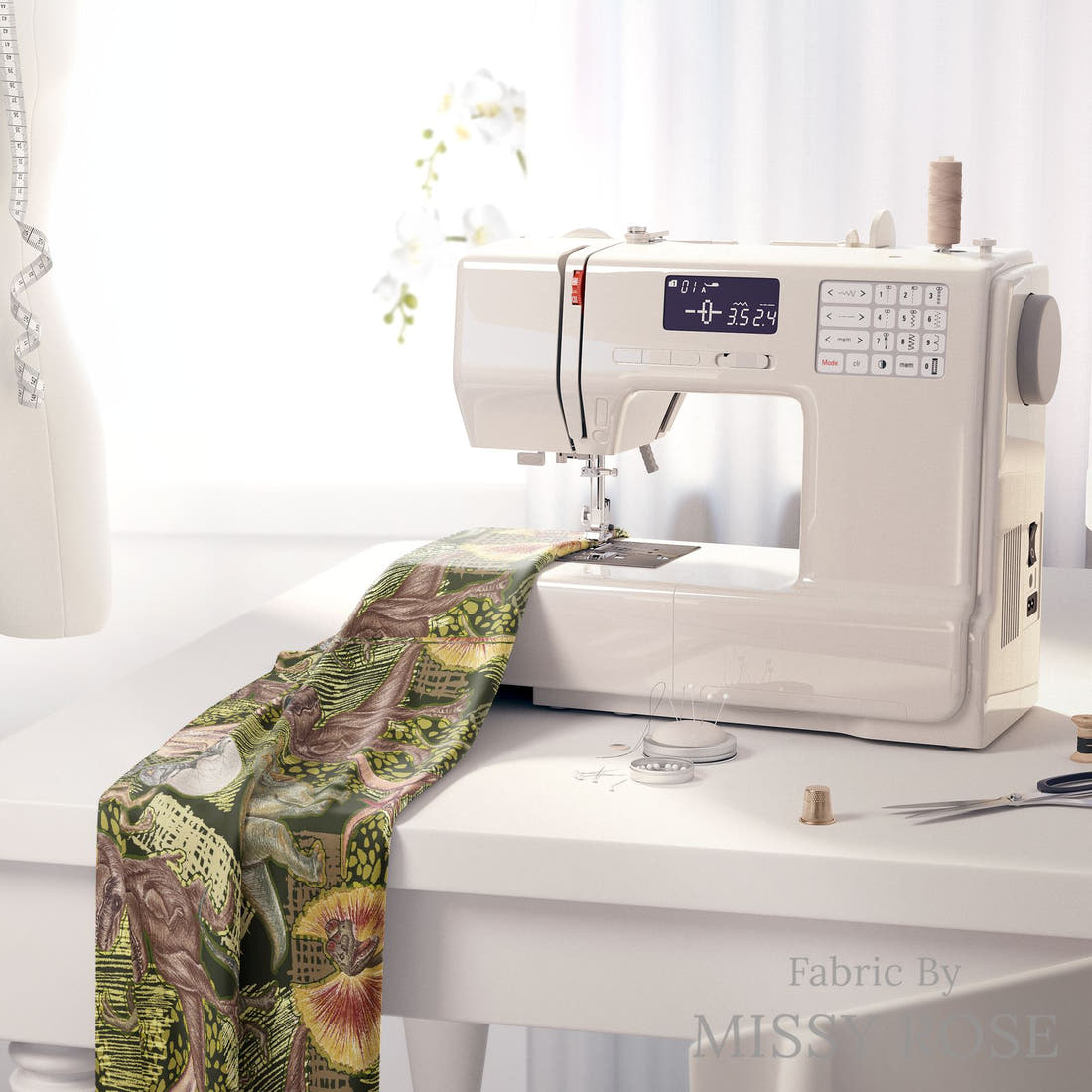 Design 649 Green Dino Fabric on a sewing machine – premium fabric for sewing projects | Fabric by Missy Rose