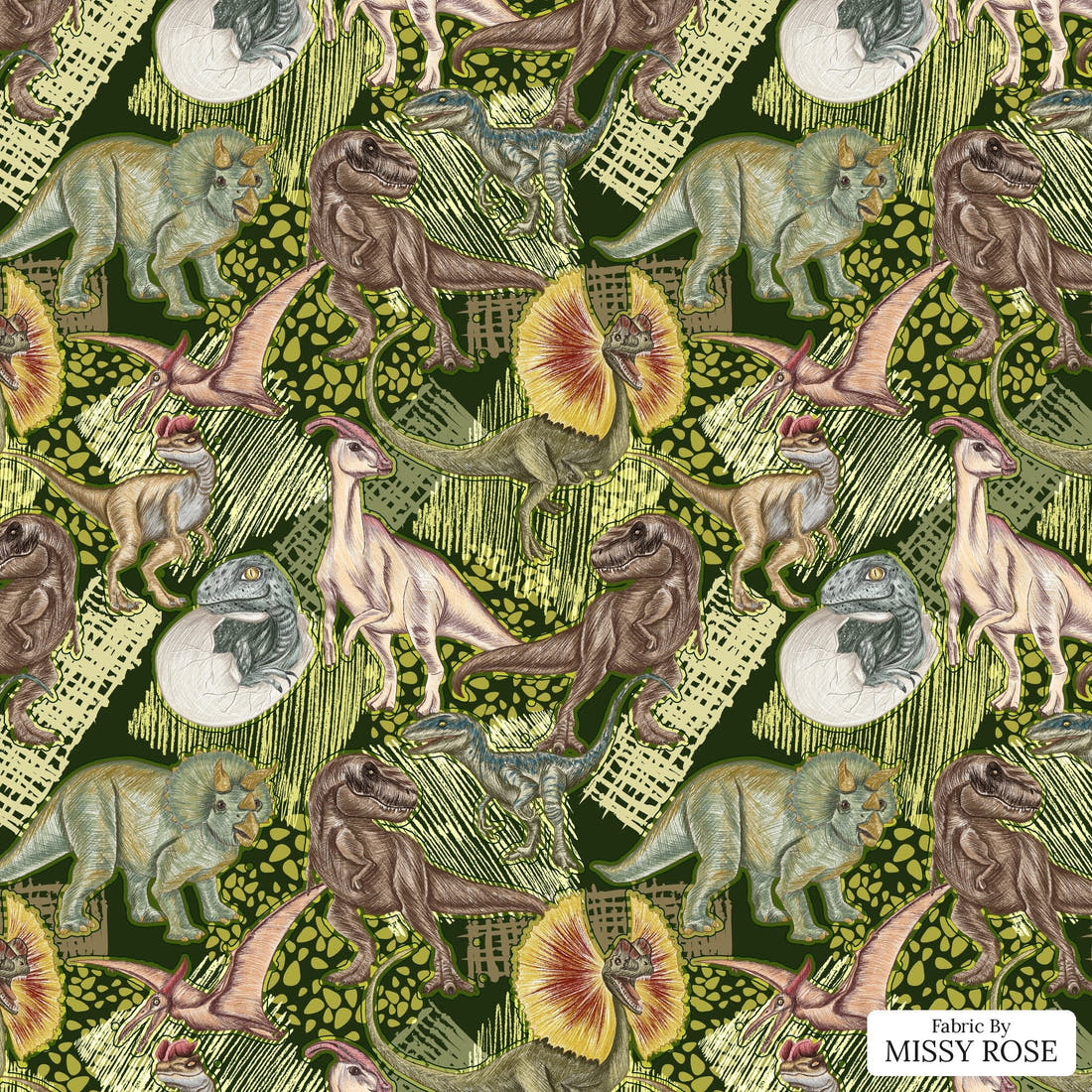 Design 649 Green Dino Fabric - flat view of the print, zoom in for detail | Fabric by Missy Rose