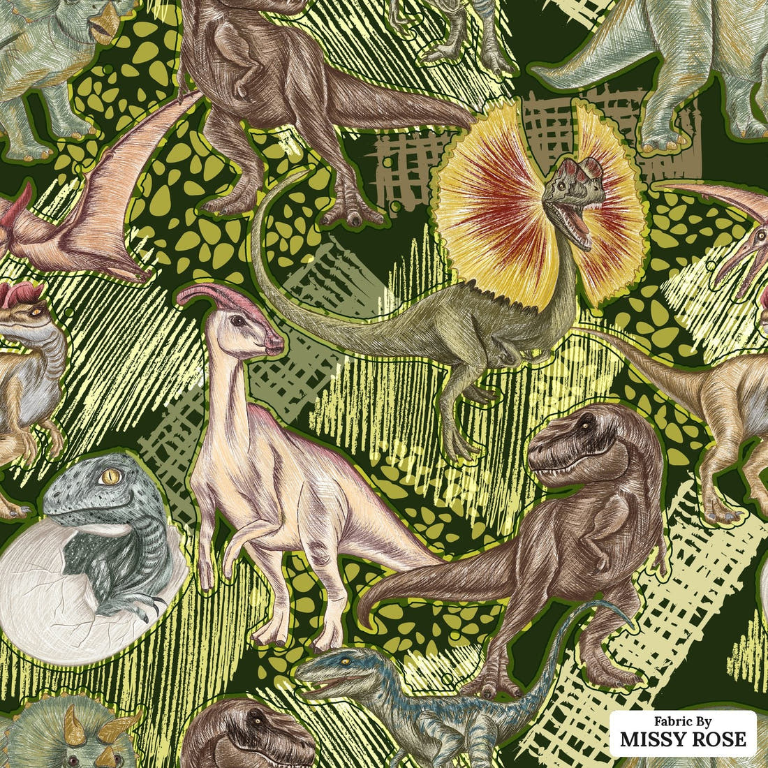 Design 649 Green Dino Fabric - flat view of the print, zoom in for detail | Fabric by Missy Rose