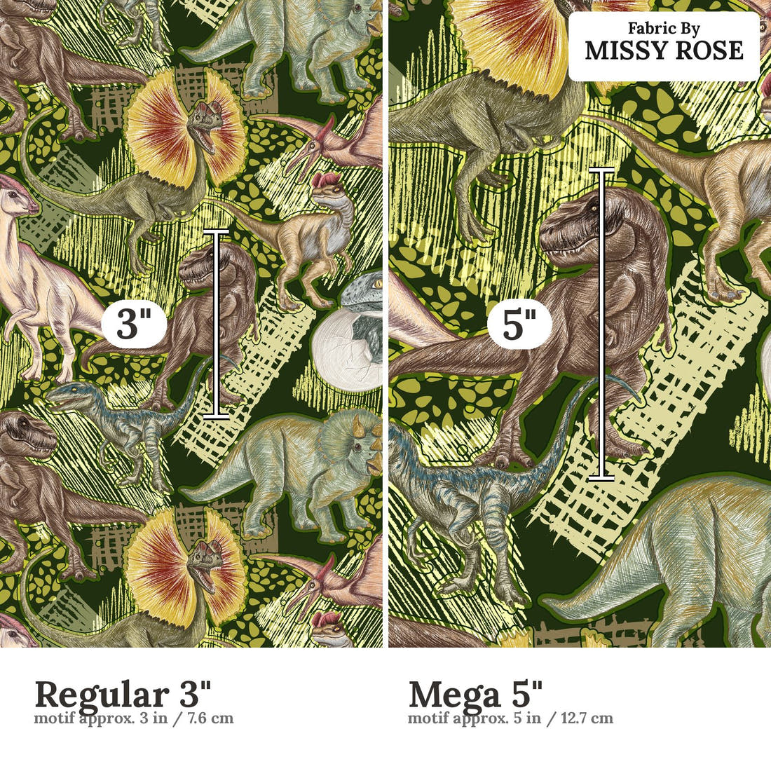 Design 649 Green Dino Fabric size comparison - print scale | Fabric by Missy Rose
