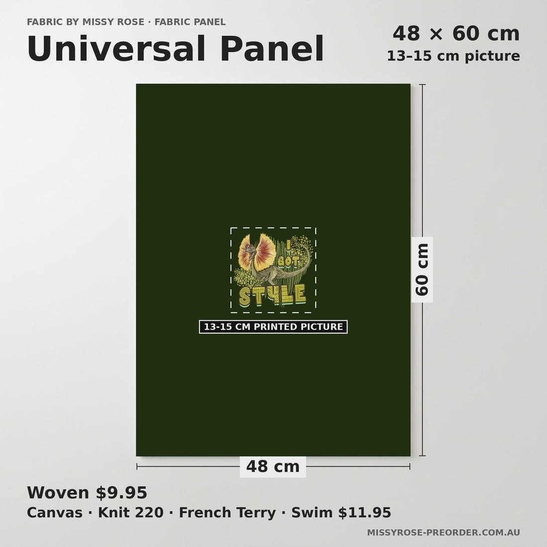 Design 649 Green Dino Panel universal panel sizing – 13–15 cm printed picture on 48 × 60 cm fabric | Fabric by Missy Rose