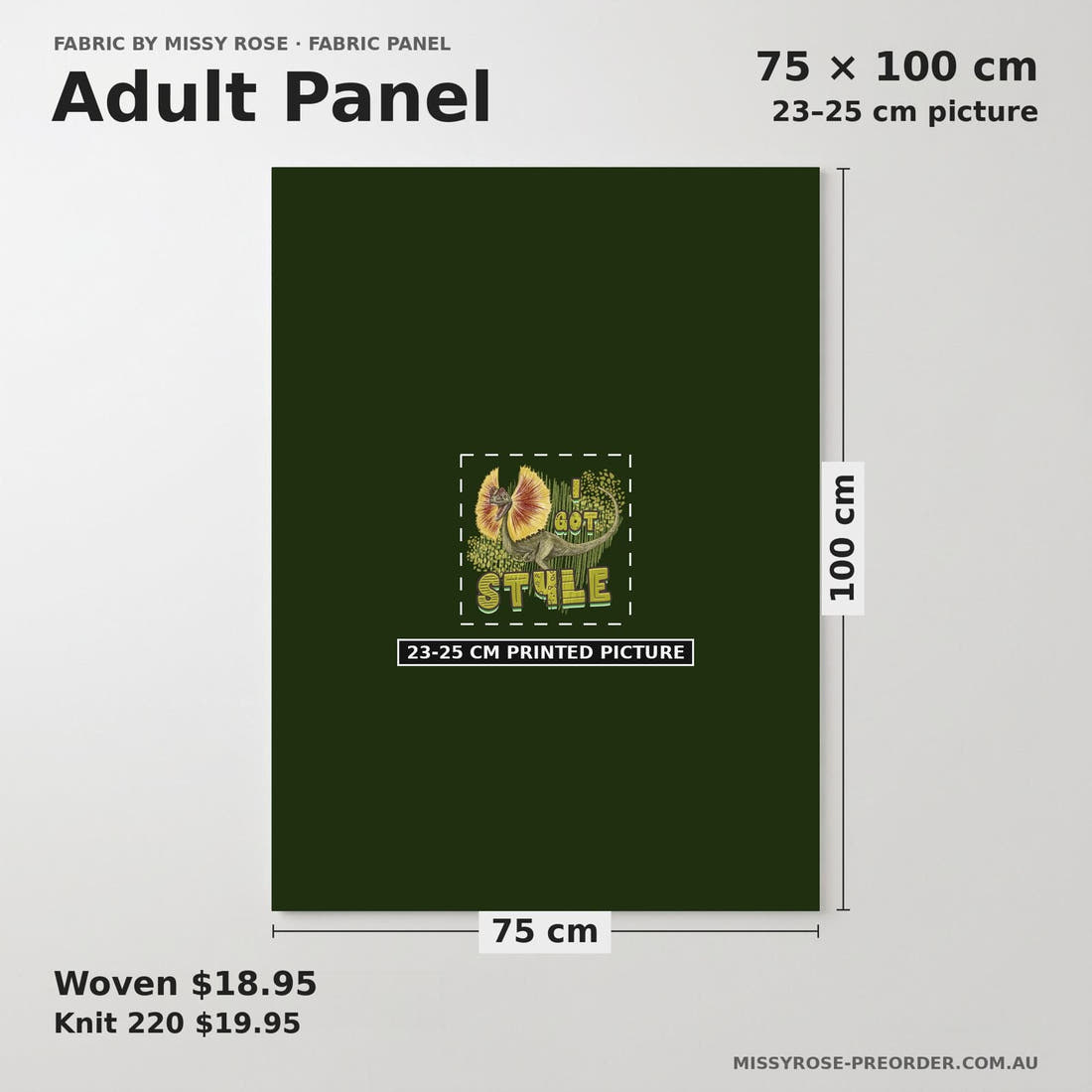 Design 649 Green Dino Panel adult panel sizing – 23–25 cm printed picture on 75 × 100 cm fabric | Fabric by Missy Rose