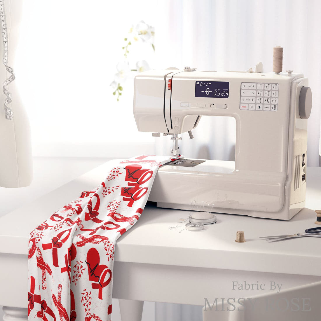 Design 65 Heart Disease Fabric on a sewing machine – premium fabric for sewing projects | Fabric by Missy Rose