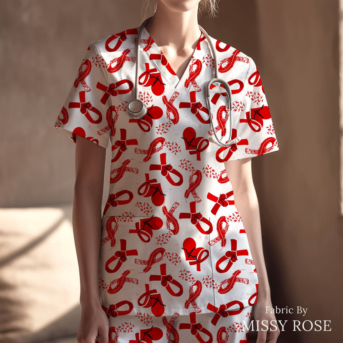 Design 65 Heart Disease Fabric sewn into a scrubs top – see how the print looks made up | Fabric by Missy Rose