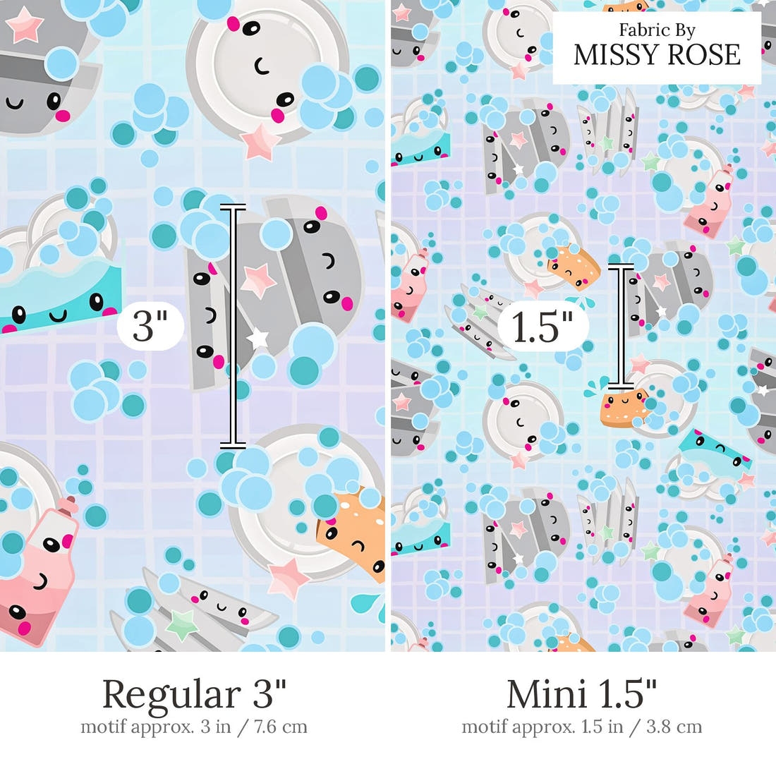 Design 650 Dishes Fabric Regular 3 inch vs Mini 1.5 inch print scale side by side | Fabric by Missy Rose