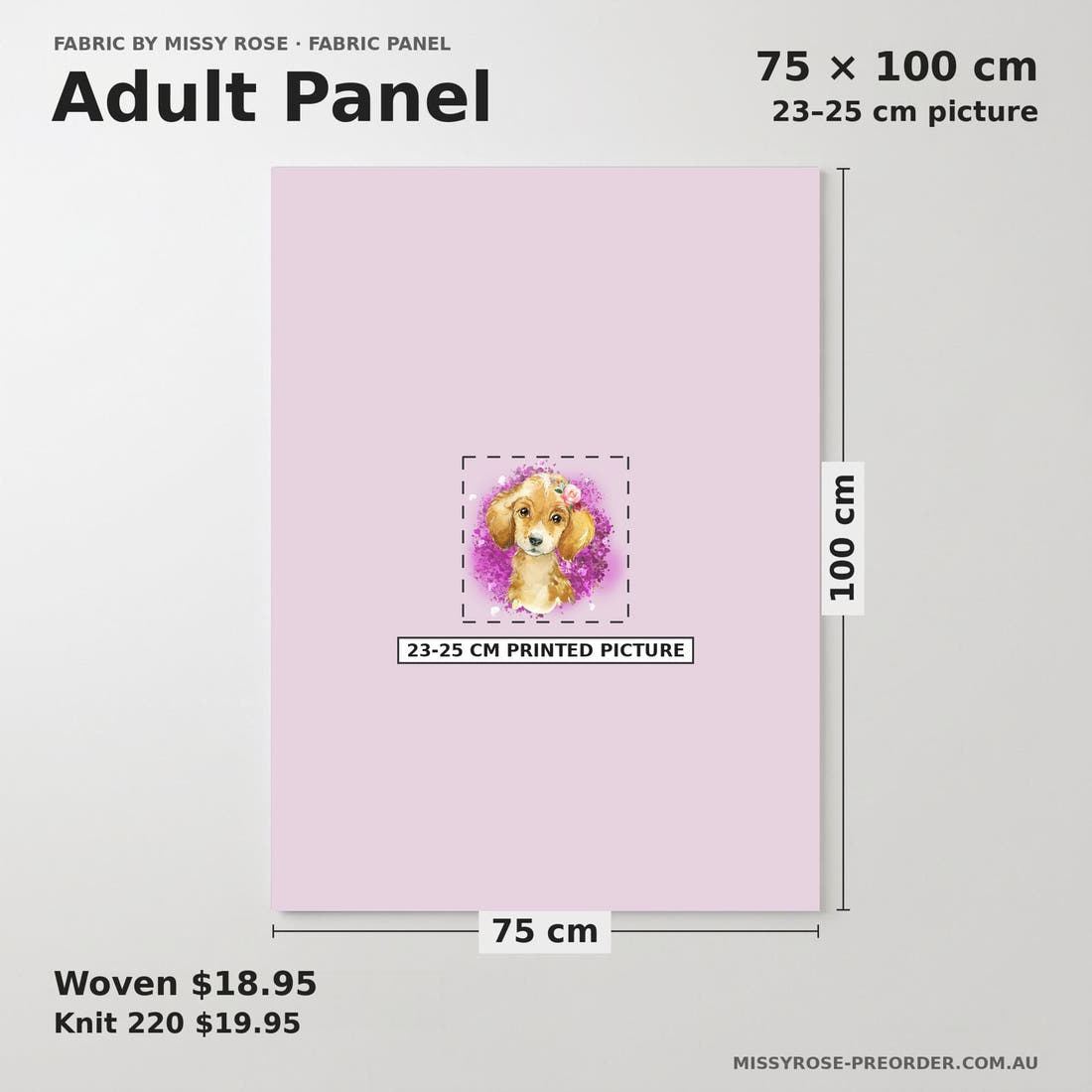 Design 651 Purple Dog Panel adult panel sizing – 23–25 cm printed picture on 75 × 100 cm fabric | Fabric by Missy Rose