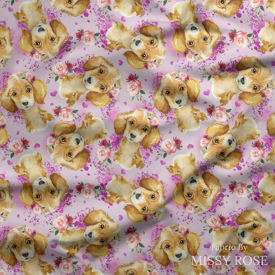 Design 651 Purple Dog Fabric draped fabric mockup – custom printed fabric by the metre | Fabric by Missy Rose