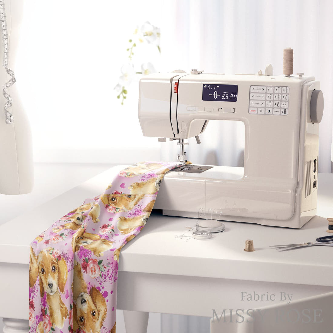 Design 651 Purple Dog Fabric on a sewing machine – premium fabric for sewing projects | Fabric by Missy Rose