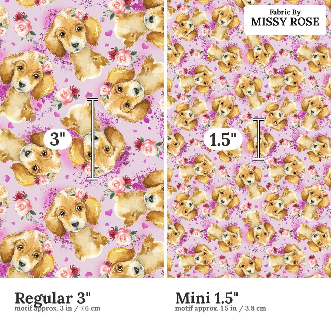 Design 651 Purple Dog Fabric size comparison - print scale | Fabric by Missy Rose
