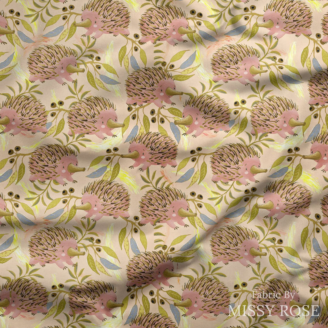 Design 652 Echidna Fabric draped fabric mockup – custom printed fabric by the metre | Fabric by Missy Rose