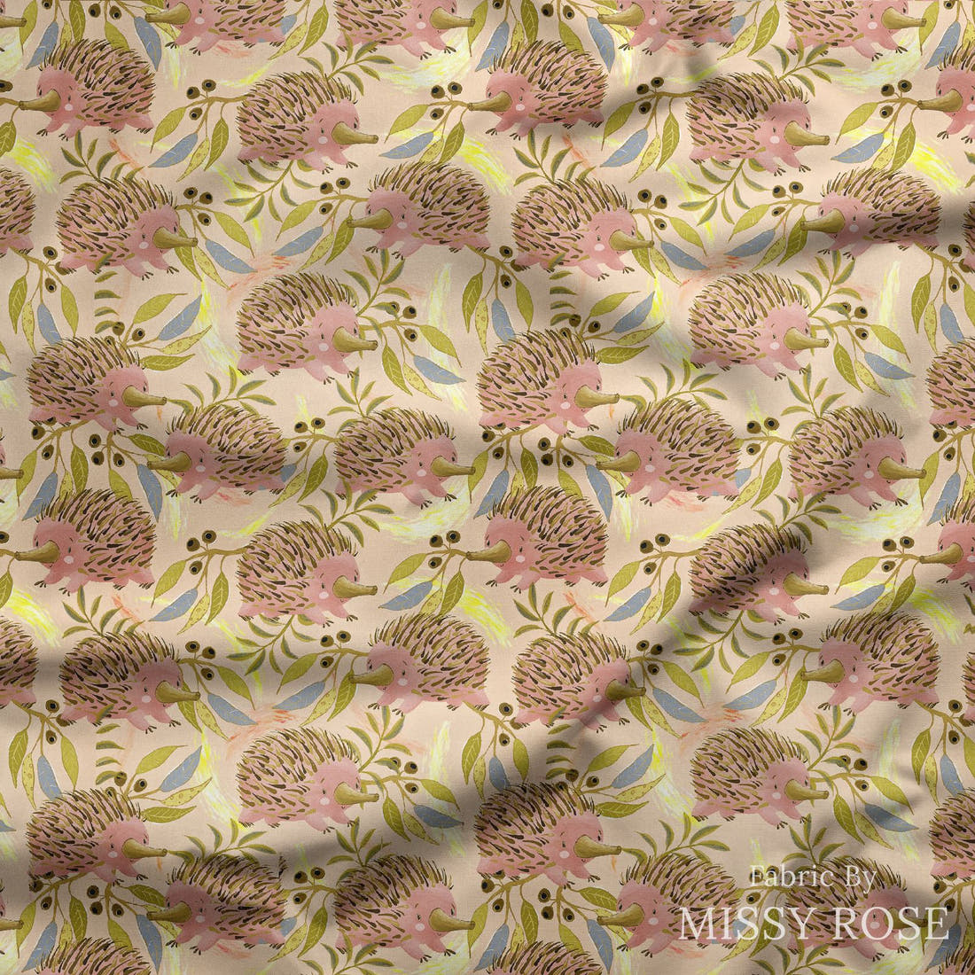 Design 652 Echidna Fabric draped fabric mockup – custom printed fabric by the metre | Fabric by Missy Rose