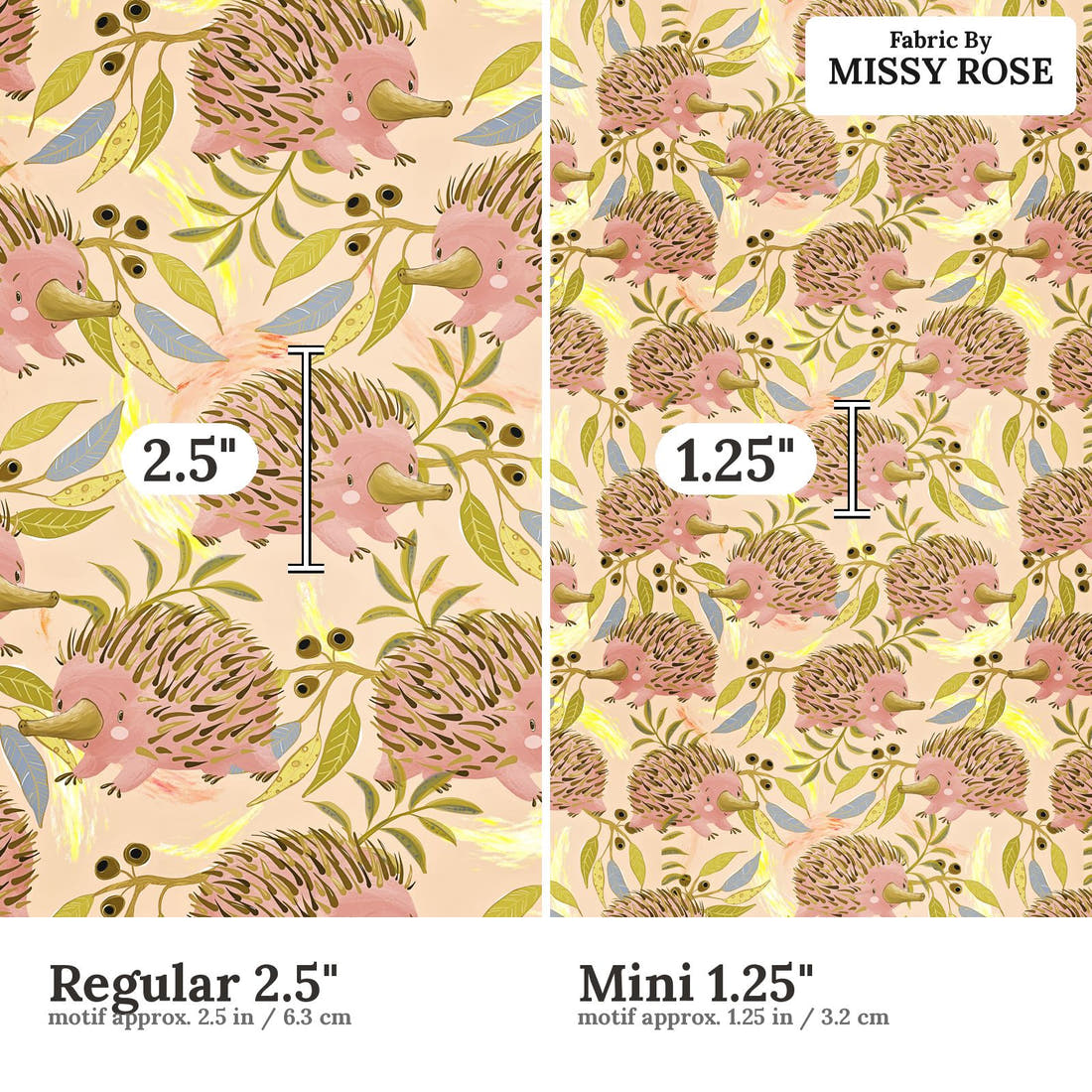 Design 652 Echidna Fabric size comparison - print scale | Fabric by Missy Rose