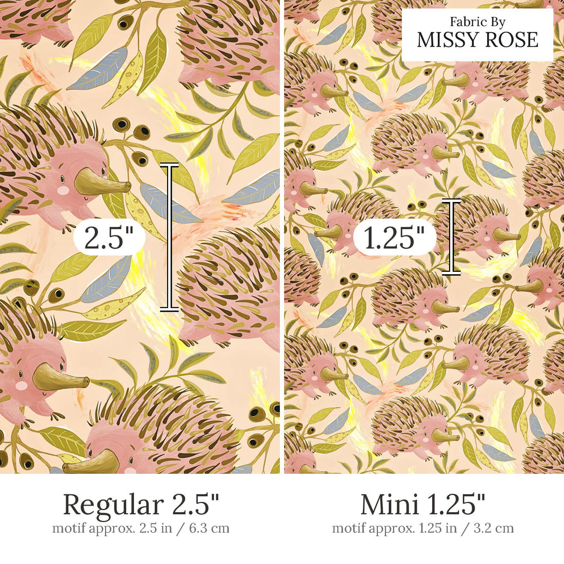 Design 652 Echidna Fabric Regular 2.5 inch vs Mini 1.25 inch print scale side by side | Fabric by Missy Rose