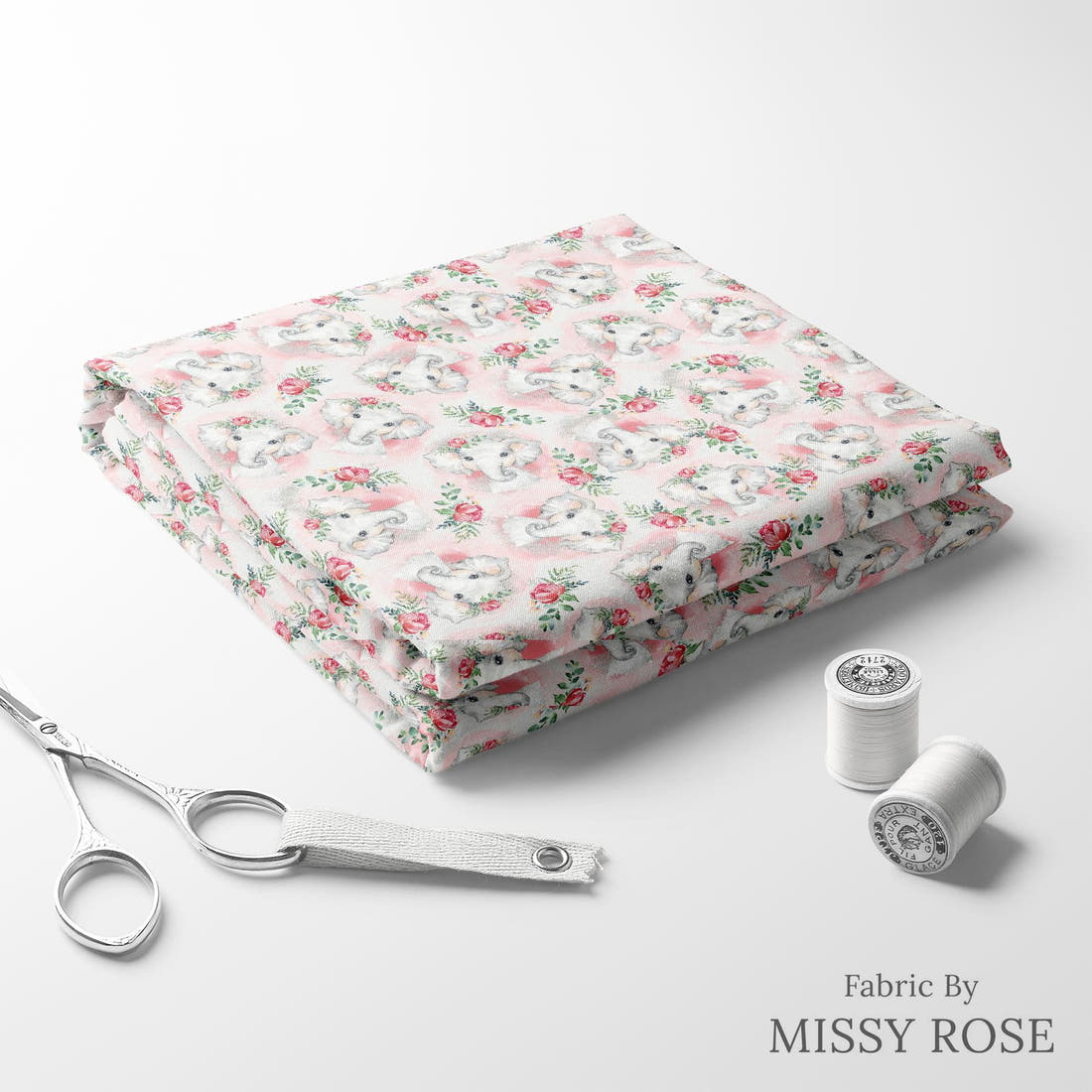 Design 653 Elephant Fabric folded fabric stack with matching thread – pre-order fabric Australia | Fabric by Missy Rose