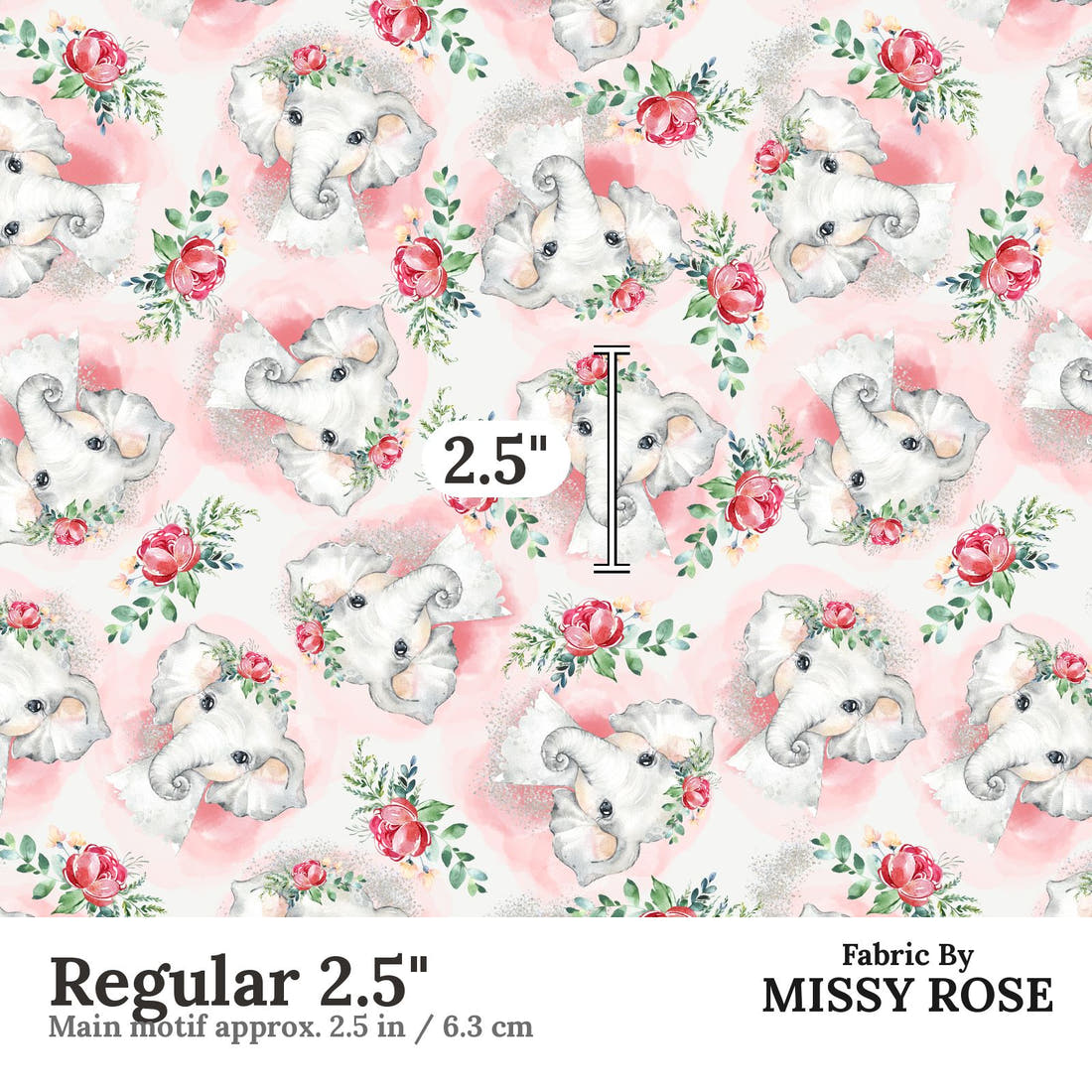 Design 653 Elephant Fabric Regular 2.5" - print scale | Fabric by Missy Rose