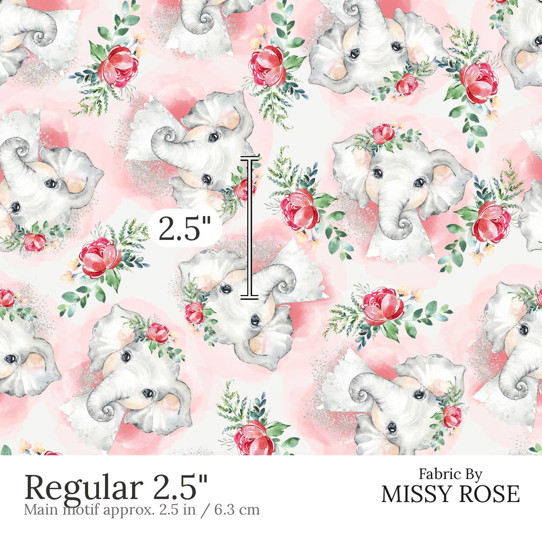 Design 653 Elephant Fabric Regular 2.5 inch print scale guide | Fabric by Missy Rose