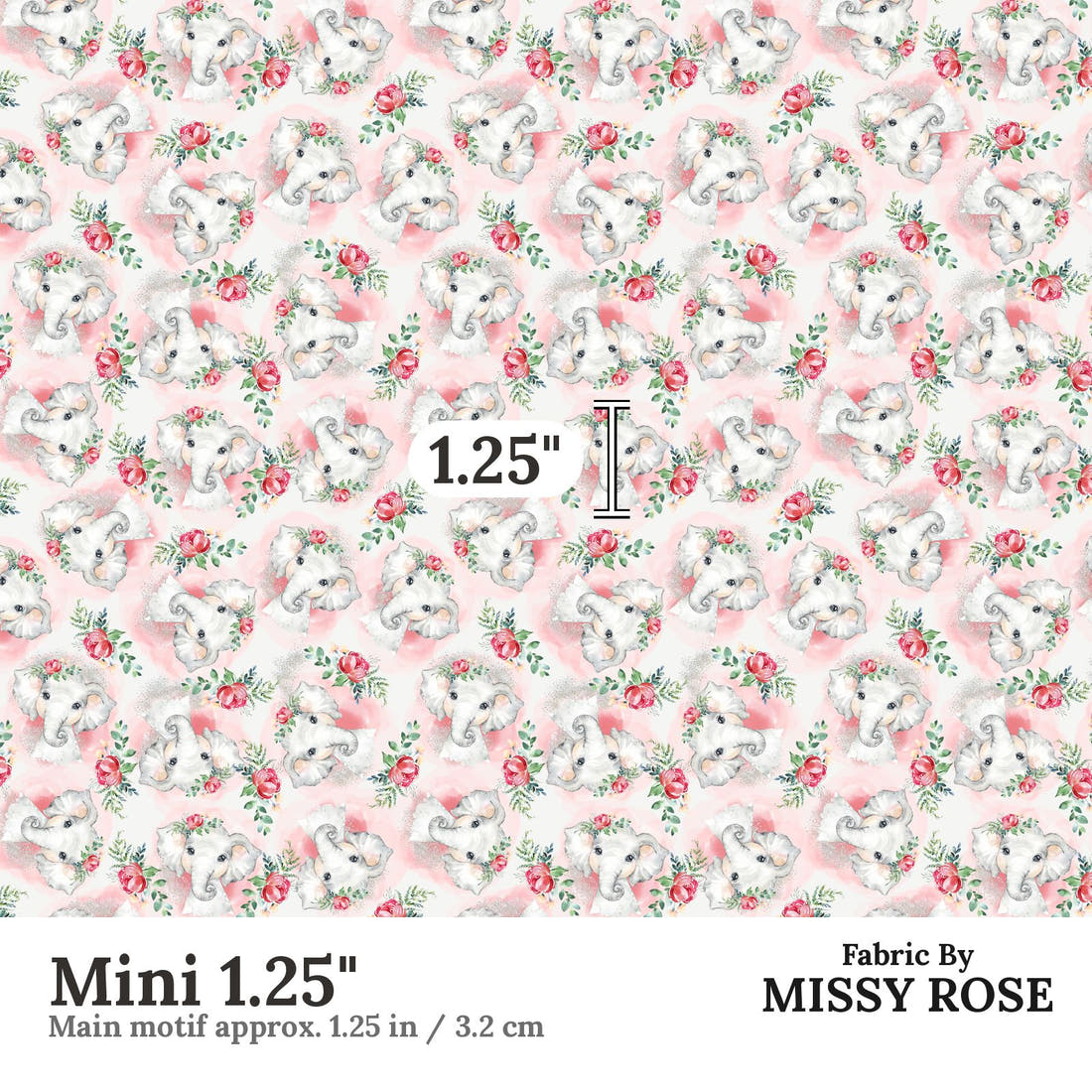 Design 653 Elephant Fabric Mini 1.25" - print scale | Fabric by Missy Rose