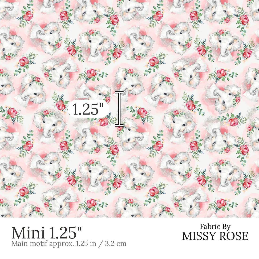 Design 653 Elephant Fabric Mini 1.25 inch print scale guide | Fabric by Missy Rose