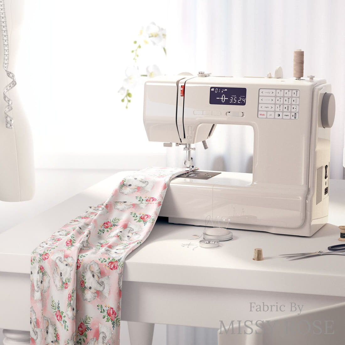 Design 653 Elephant Fabric on a sewing machine – premium fabric for sewing projects | Fabric by Missy Rose