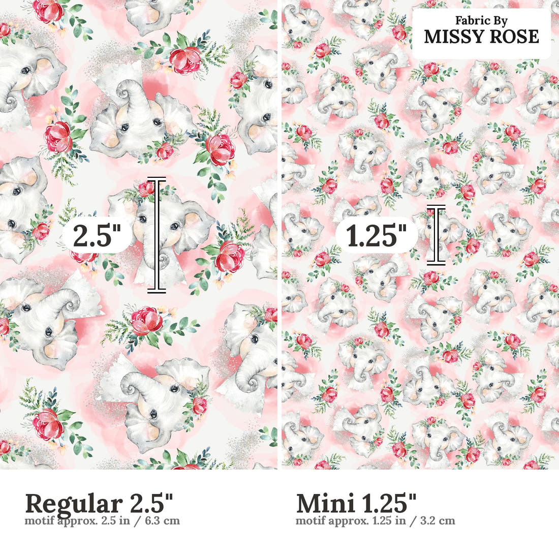 Design 653 Elephant Fabric size comparison - print scale | Fabric by Missy Rose