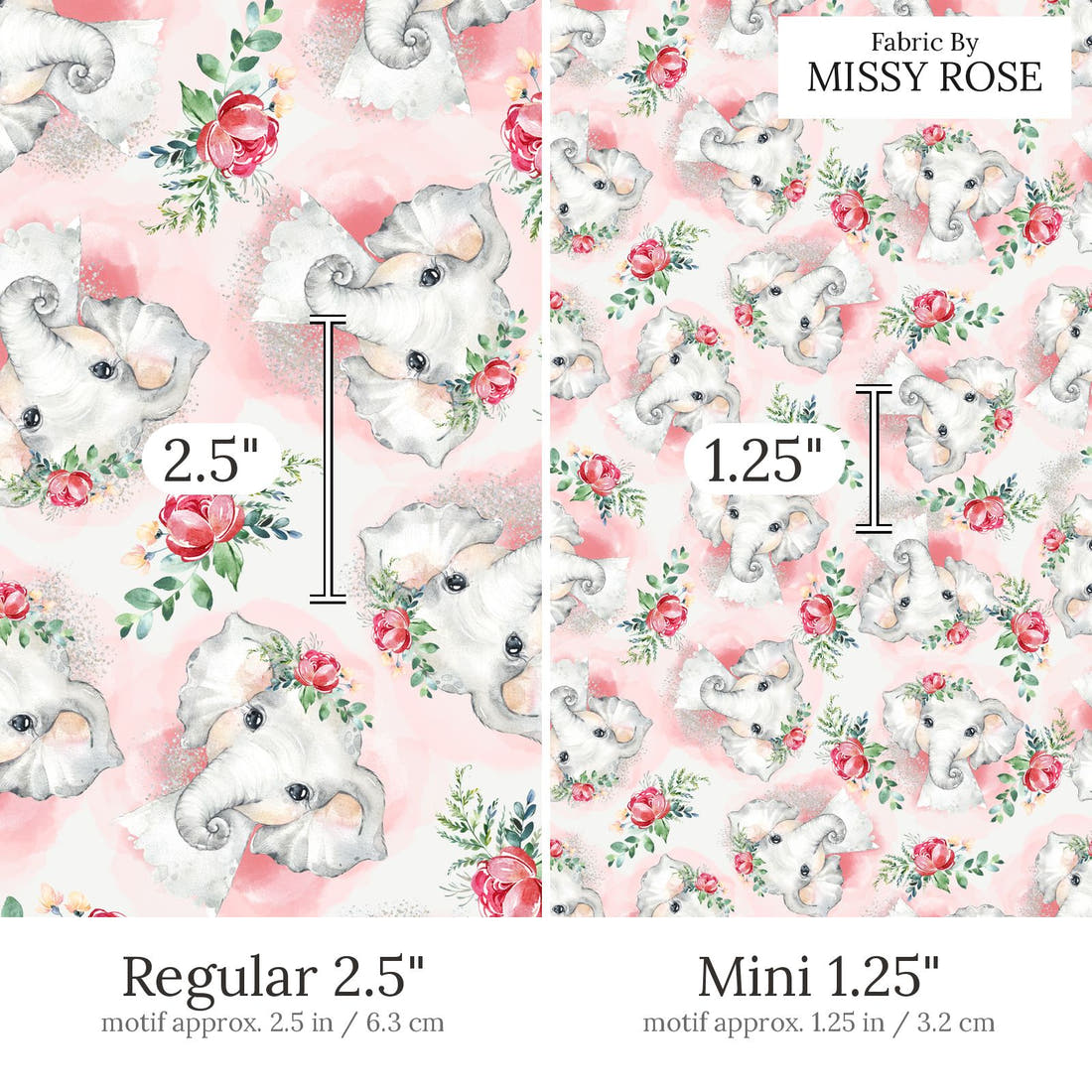 Design 653 Elephant Fabric Regular 2.5 inch vs Mini 1.25 inch print scale side by side | Fabric by Missy Rose