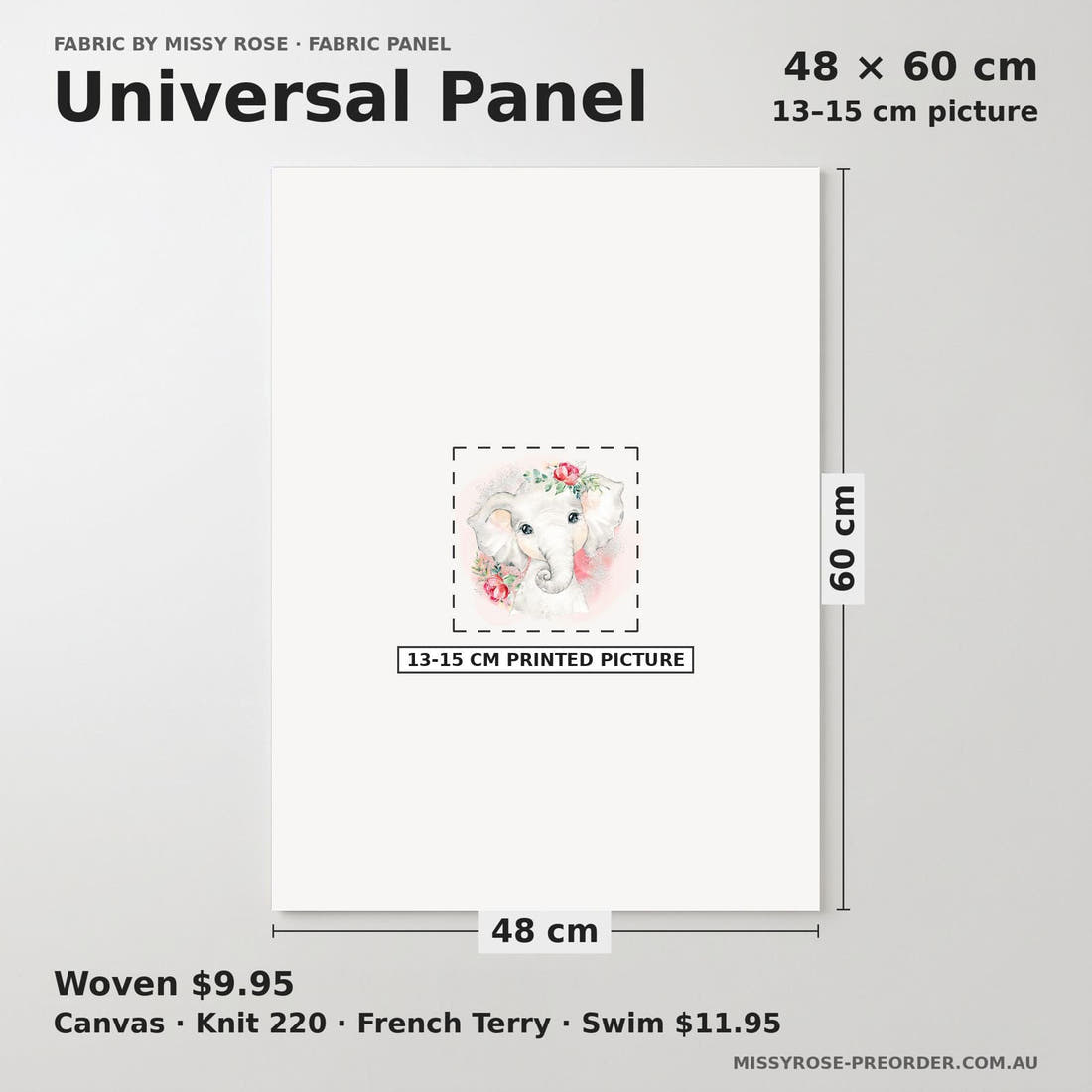 Design 653 Elephant Panel universal panel sizing – 13–15 cm printed picture on 48 × 60 cm fabric | Fabric by Missy Rose