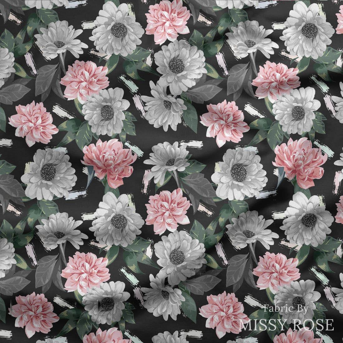 Design 654 Grey Floral Fabric draped fabric mockup – custom printed fabric by the metre | Fabric by Missy Rose