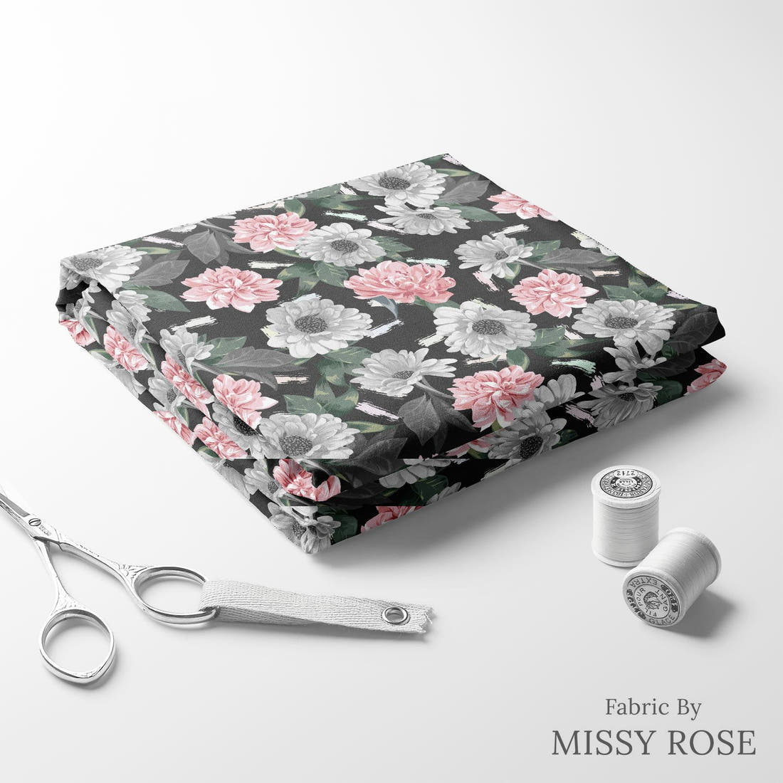 Design 654 Grey Floral Fabric folded fabric stack with matching thread – pre-order fabric Australia | Fabric by Missy Rose