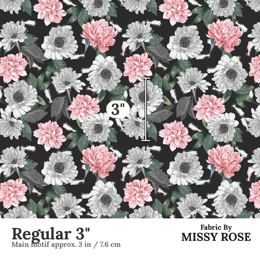 Design 654 Grey Floral Fabric Regular 3" - print scale | Fabric by Missy Rose