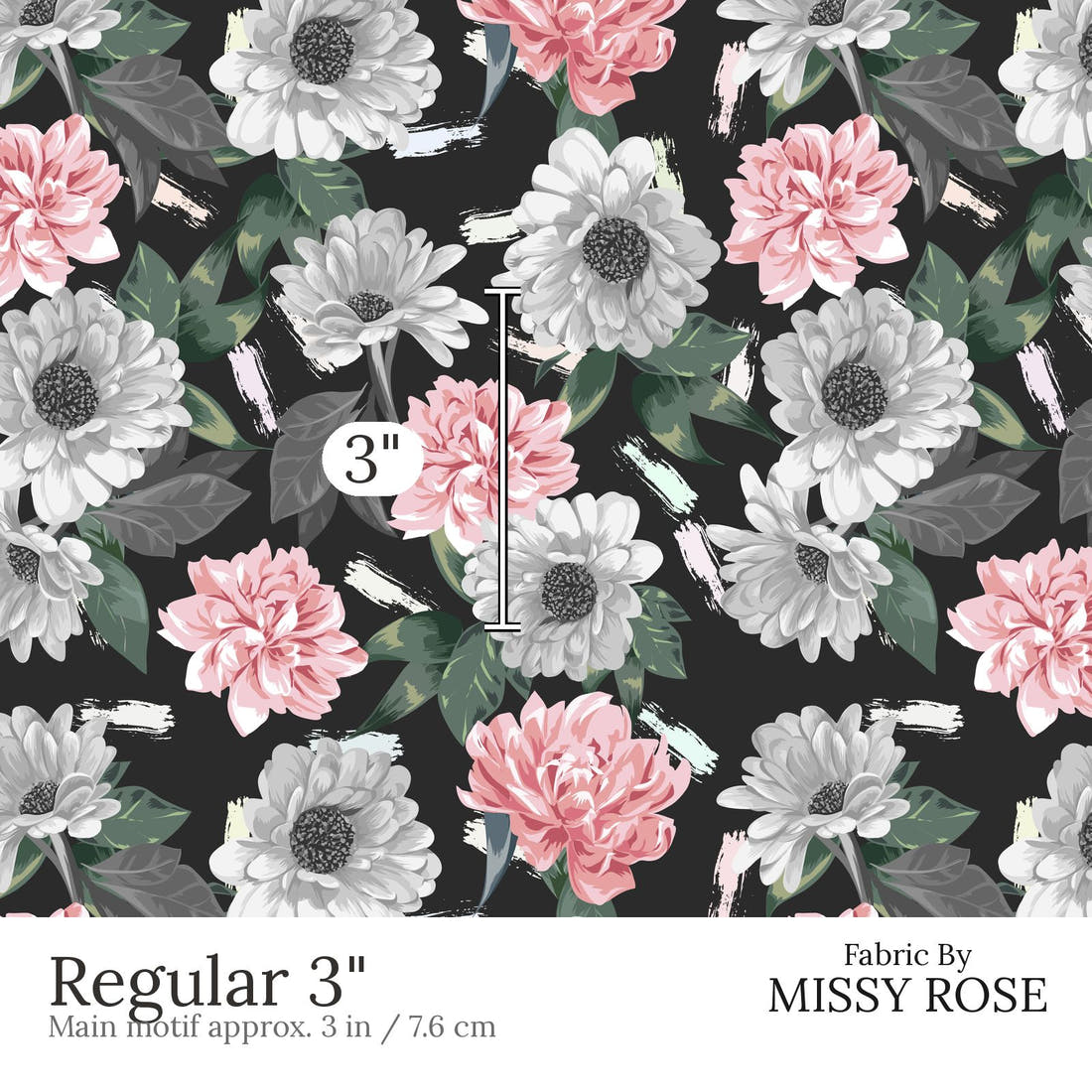 Design 654 Grey Floral Fabric Regular 3 inch print scale guide | Fabric by Missy Rose